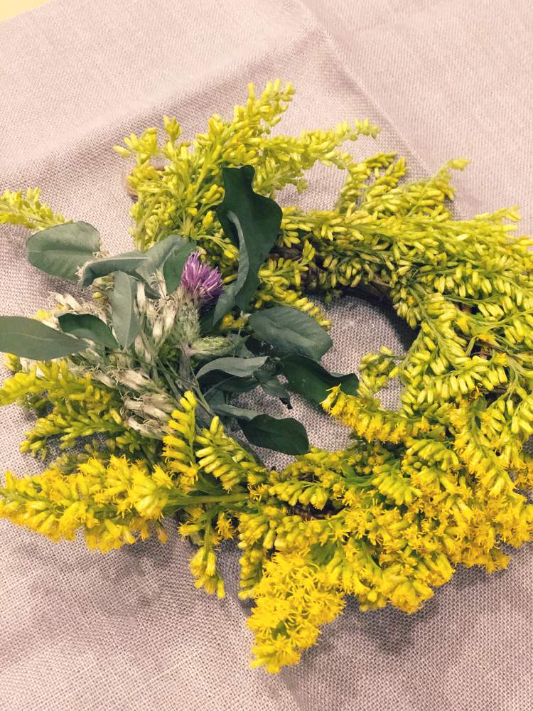 インテリアの画像 by つきゆずさん | インテリアと飛散しませんとお花を飾ると野アザミの花と植物とワイヤーワークと秋コーデと簡単アレンジと今日のお花と野草リースと癒されると黄金色の花とハンドメイドリースと花のある暮らしとセイダカアワダチと秋の花