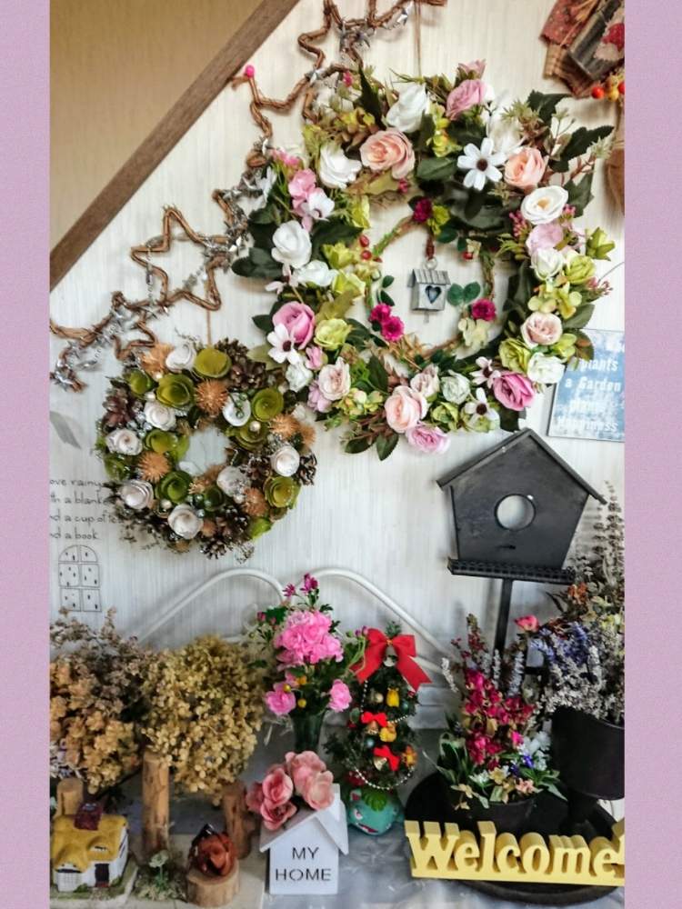 玄関の画像 by のりりんの森さん | 玄関と八重カシワバアジサイドライとクリスマスのリースとキュンキュン乙女倶楽部と植物で彩るお部屋とクリスマスとミニバラ♡と庭の小菊とドライフラワーアレンジ