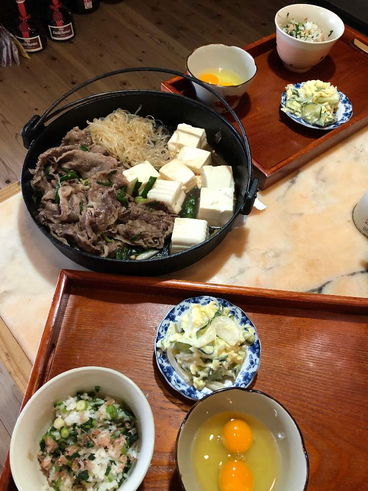 の画像 by すえすえさん | 絹ごし豆腐と牛肉ロースと乾燥蒟蒻と熊本葱と大根葉菜飯とポテトサラダ、玉葱、ぬか漬け胡瓜入り