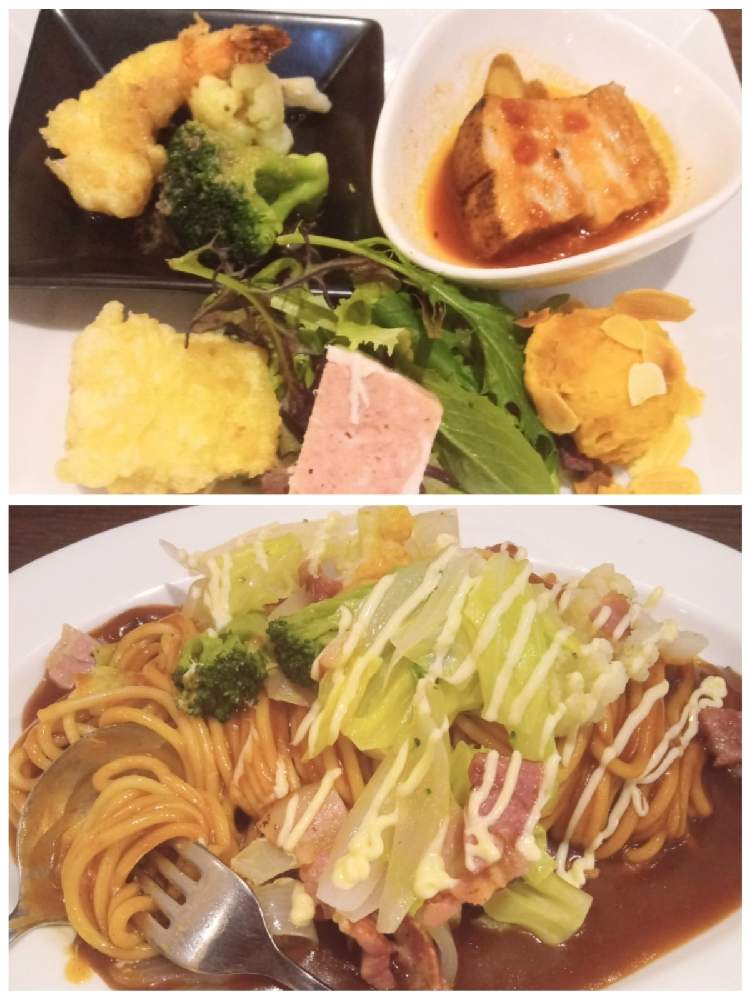 お出かけ先の画像 by レンままさん | お出かけ先とミートローフと豚角煮とパスタは温野菜とベビーリーフ♪とかぼちゃサラダとカマンベールチーズフライとエビフリッター