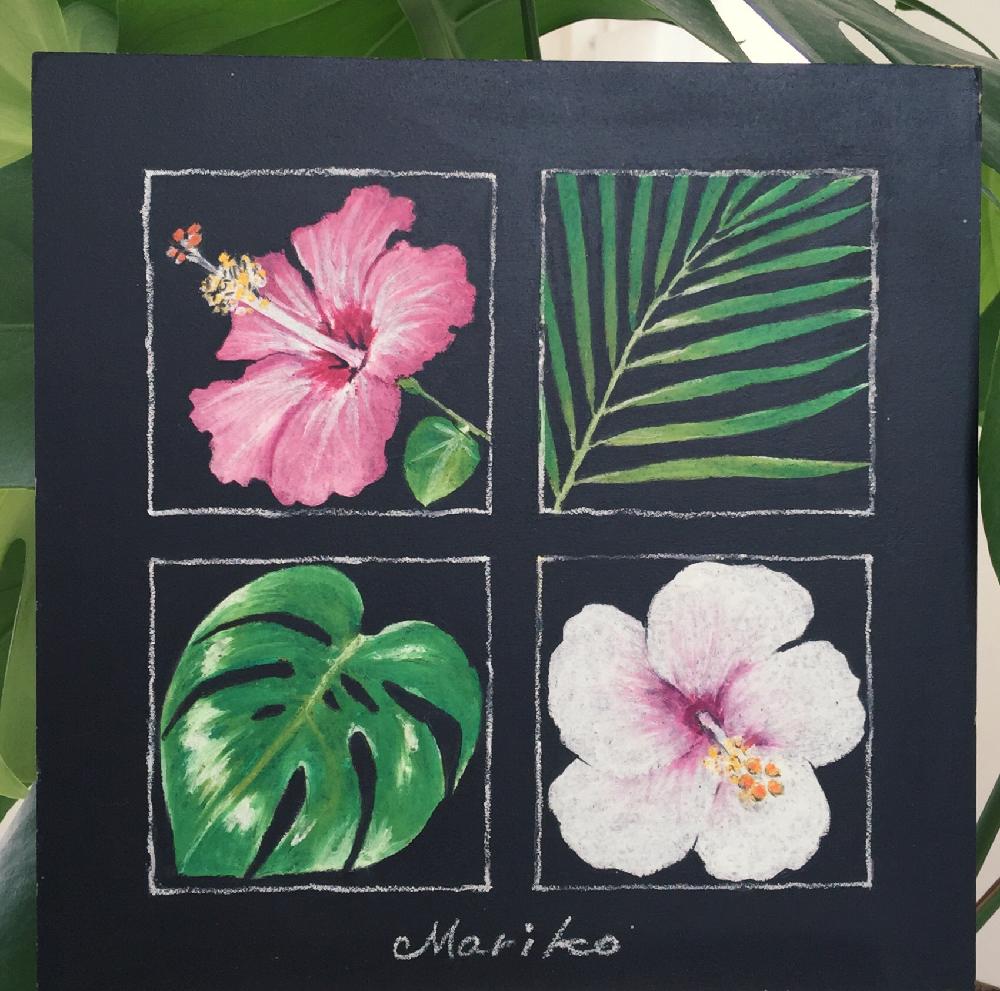 ヤシの葉の投稿画像 By Conejoさん モンステラの葉と描きましたとハイビスカスの花とハワイとチョークアート 16月6月22日 Greensnap グリーンスナップ