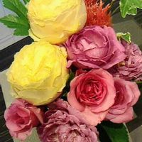 シャクヤク,フラワーアレンジメント,ピンク,ピンクの花,黄色の画像