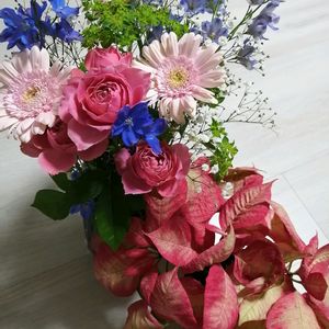 ガーベラ,バラ,ポインセチア,かすみ草,綺麗な花束の画像