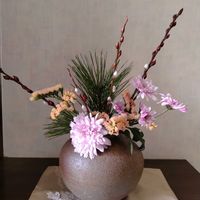 キク,スターチス,ネコヤナギ,マツ,花のある暮らしの画像