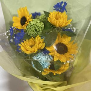 ヒマワリ,デルフィニウム,フラワーアレンジメント,ブーケ,花束の画像