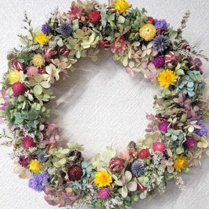 センニチコウ,オキナワスズメウリ,ヘリクリサム,アジサイドライフラワー,リースの画像