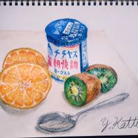 ミカン,キウイフルーツ,お絵描き,スケッチ,色鉛筆画の画像