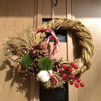 ワタ,松ぼっくり,稲藁,手作りリース,お正月飾りの画像