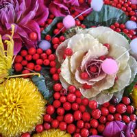 ダリア,ボタン,スプレー菊,南天(なんてん),葉牡丹（はぼたん）の画像