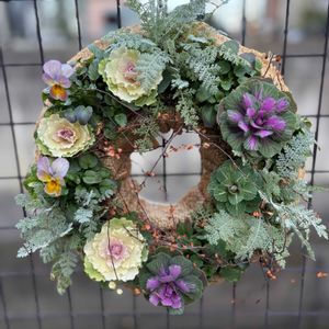 ハボタン,ビオラ,シルバーレース,リース,リングバスケットの画像