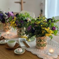 ミモザ,フラワーアレンジメント,パープル,ティータイム,春のお花の画像