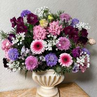 スカビオサ,トルコキキョウ,アリウム コワニー,アレンジメントの画像