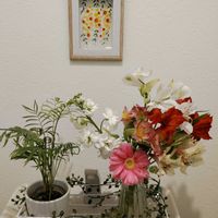 アルストロメリア,ガーベラ,ストック,テーブルヤシ,花のある暮らしの画像