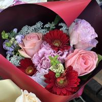 ガーベラ,トルコキキョウ,バラ,ミニブーケ,お誕生日おめでとうの画像