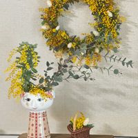 スターチス,ミモザ,ユーカリ グニー,ポアプランツ,手作りリースの画像