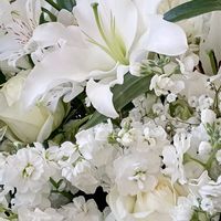 カスミソウ,カスミソウ,ストック,ユリ,白薔薇の画像