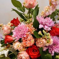 キク,ストック,チューリップ,バラ,フラワーアレンジメントの画像