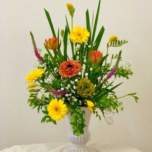 ガーベラ,コデマリ,チューリップ,フリージア,ラナンキュラスの画像