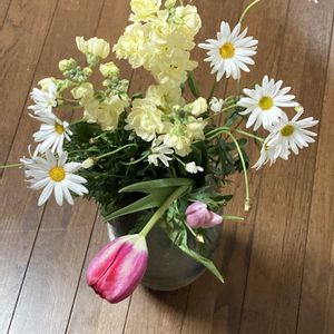 マーガレット,マーガレット,チューリップ ガブリエラ,生け花。,今日も元気でね♥️の画像