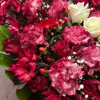 アルストロメリア,オトギリソウ,カーネーション,カスミソウ,赤い薔薇の画像