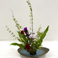 ケイトウ,ムラサキシキブ,リンドウ,タニワタリ,生け花の画像