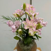 ストック,アレカヤシ,八重咲きオリエンタル百合　ラッキーエンジェルの画像